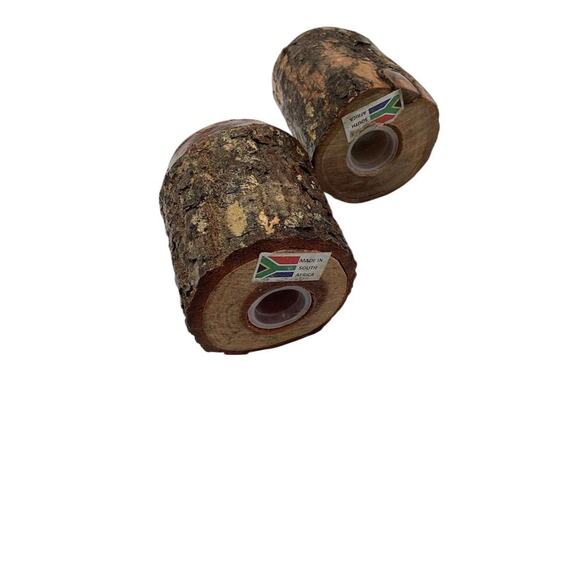 Vintage Wooden Tree Bark Salt & Pepper Shaker Set Rustic Unique - Picture 4 of 8